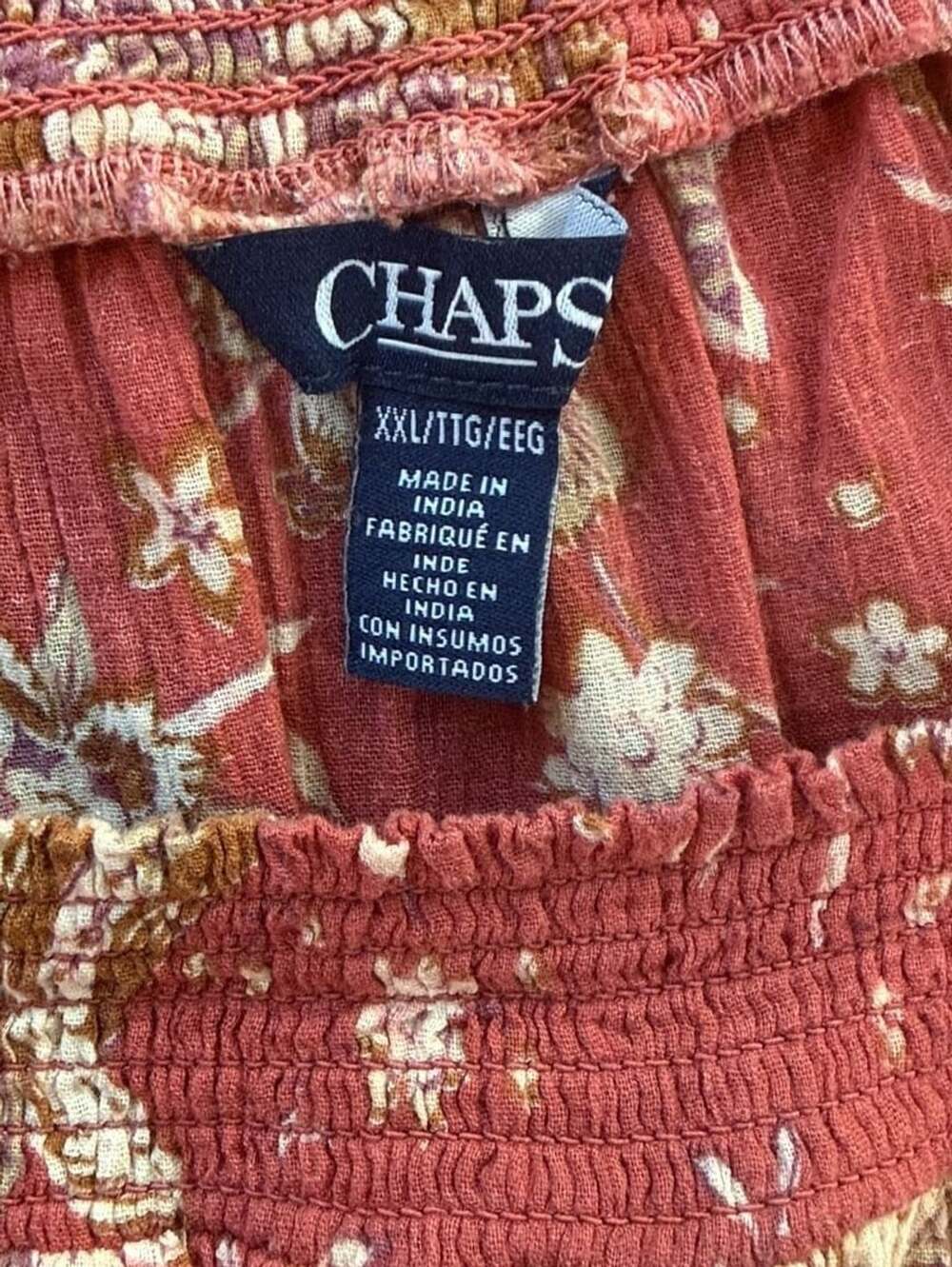 Chaps Floral Bell Sleeve Peasant Blouse 100% Cotton Rust/Orange Boho India - Picture 4 of 9
